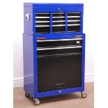 Draper nine drawer tool chest with hinged lid on wheeled base with two drawers and up and over