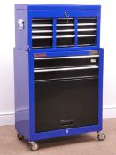 Draper nine drawer tool chest with hinged lid on wheeled base with two drawers and up and over