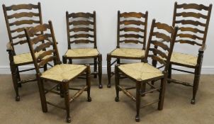 Set six (4+2) Early 20th century ladder back chairs with rush seats,