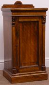 Late Victorian inlaid walnut bedside cabinet, raised shaped back, moulded top, single panelled door,