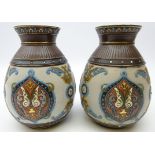 Pair Mettlach bulbous vases c1900, stylistically moulded with foliate scrolls,