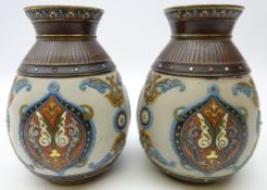 Pair Mettlach bulbous vases c1900, stylistically moulded with foliate scrolls,