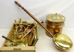 Collection of brass and copperware including horse brasses, graduating brass candlesticks,