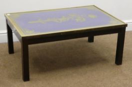 Vintage 1970s coffee table, rectangular glass top decorated with stylised flowers and leaves,