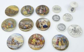 Nine 19th century Prattware pot lids; 'A Pair' 'Charity',