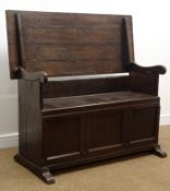 Traditional panelled oak Monks bench, hinged top with box seat made from 18th century oak,