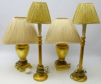 Pair classical style gilded table lamps on square base by Peter Martin Designs and a a pair tall