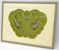 Chinese framed Moth shaped silk panel, embroidered in metallic thread with eagles,