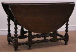 19th century oak drop leaf table, gate action base, bobbin turned supports and stretchers,