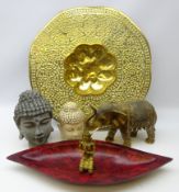 Large Eastern repousse brass charger, D61cm, two Buddha composite heads, model of an elephant,