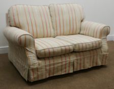 Two seat sofa upholstered in cream and pink striped loose covers (W145cm) and two matching