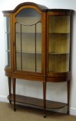 Edwardian inlaid mahogany display cabinet, shaped arched top,