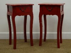 Pair French style bedside/lamp tables, red finish, shaped moulded top, single drawer, cabriole legs,