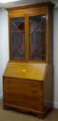 Edwardian inlaid mahogany bureau bookcase, projecting cornice,