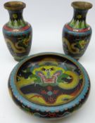 Pair 20th century Chinese Cloisonne baluster vases decorated with five clawed Dragons chasing the