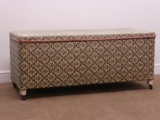 Mid 20th century upholstered ottoman, hinged lid, castor supports, W124cm, H53cm,