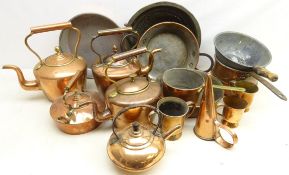 Four 19th century and later copper kettles, 19th century copper tankard measures by Oldham,