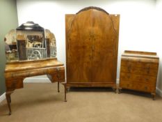 Queen Anne style figured walnut bedroom suite comprising of an arched wardrobe with carved cresting
