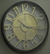 Large metal cased circular wall clock with gilt numeral, battery movement, D70cm