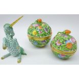 Pair graduating Herend reticulated globular jars and covers with knop finial and Herend Unicorn,