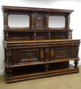 Large Victorian oak sideboard, raised back with bevel edge mirror plates.