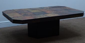 Rectangular slate pedestal coffee table, canted corners, W122cm,