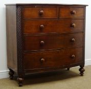 19th century bow fronted mahogany chest, two short and three long drawers, turned supports, W117cm,