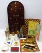 Bagatelle board, drafts, dominoes, various turned wood chess pieces, other games,