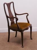 Edwardian mahogany armchair, cresting rail carved with shell, vase shaped splat,
