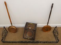 Oak slope front Coal box, 19th century copper warming pan, another and a wrought metal fender,