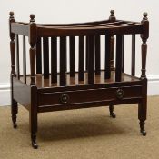 Regency style mahogany Canterbury, single drawer, square supports on castors, W51cm, H50cm,