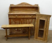 19th century stripped washstand, raised shaped back, two drawers above two panelled doors,