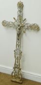 Large cast iron Crucifix of openwork form with silvered paint finish,