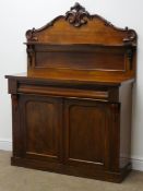 Victorian mahogany chiffonier, shaped carved and pierced floral raised back, ogee drawer front,