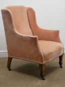 Edwardian queen armchair, upholstered in a pink fabric, square tapering supports,