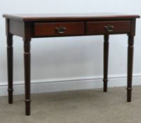 Reproduction mahogany side table, two drawers, turned supports, W102cm, H74cm,