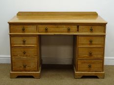 Victorian polished pitch pine twin pedestal desk, raise back, moulded top,
