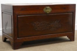 Oriental carved camphor wood panelled blanket box, hinged top, shaped bracket supports, W104cm,