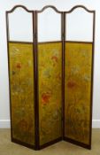 19th century mahogany framed triple dressing screen, arched glazed section above embroided fabric,