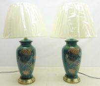 Pair Oriental style table lamps decorated with birds amongst foliage on turquoise ground on brushed