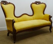 19th century mahogany framed double ended settee, cresting rail carved with foliage and roses,