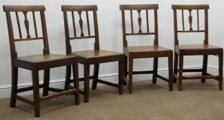Four 19th century country elm dining chairs, shaped splat, square supports,