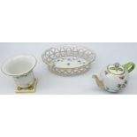 Three pieces Herend porcelain comprising Cornflower Garland pierced basket, L21cm,