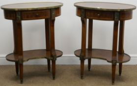 Pair French inlaid walnut oval two tier occasional lamp table, single drawer, gilt detailing,