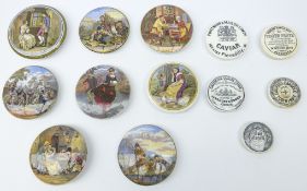 Eight 19th century Prattware pot lids; 'I See You My Boy', 'A Pair', 'The Best Card',