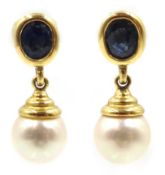 Pair of 18ct gold sapphire and pearl pendant earrings,