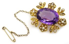 Victorian 15ct gold (tested) oval amethyst and seed pearl flower design brooch Condition