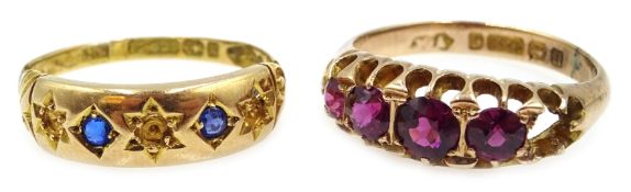 Victorian 15ct gold sapphire ring and 9ct gold garnet ring (both have stones missing)