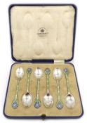 Set of six silver and enamel coffee spoons, with flower terminals by Mappin & Webb, Birmingham 1932,