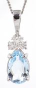 18ct white gold pear shape aquamarine and three stone diamond pendant necklace, hallmarked,